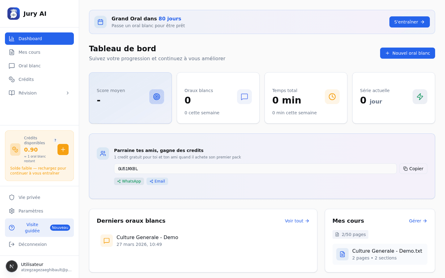 Interface JuryAI — Tableau de bord avec vos sessions d'oral blanc
